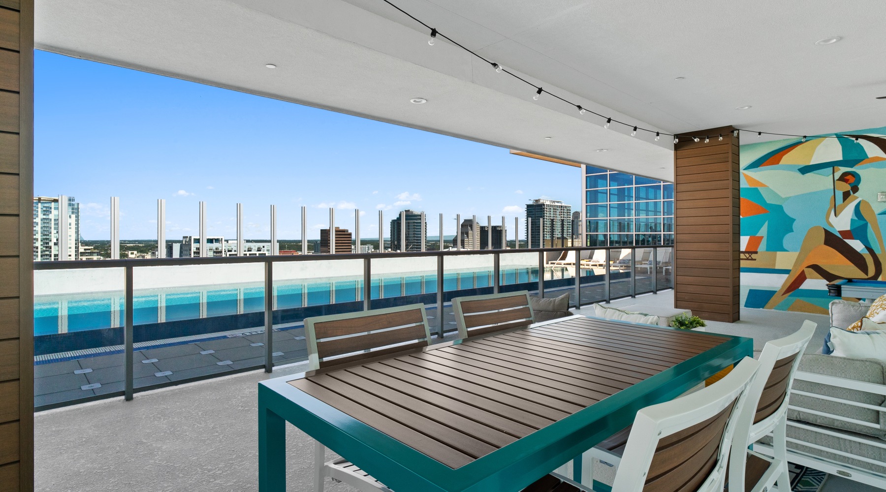 Rooftop terrace with city skyline view