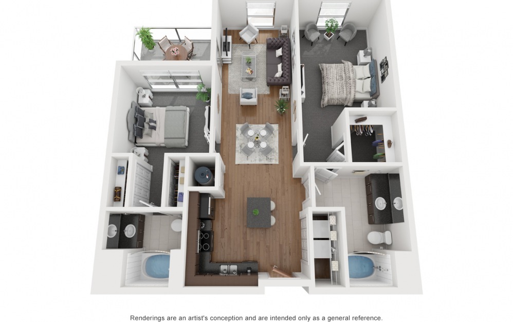 B1 - 2 bedroom floorplan layout with 2 baths and 1075 square feet.