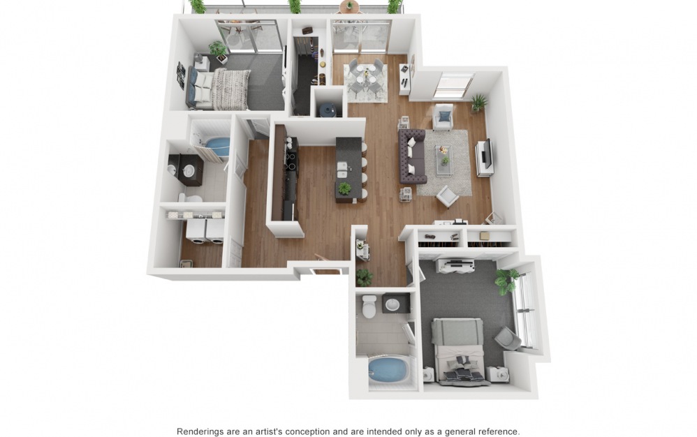 B2 - 2 bedroom floorplan layout with 2 baths and 1362 square feet.