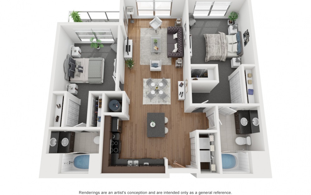 B3 - 2 bedroom floorplan layout with 2 baths and 1202 square feet.