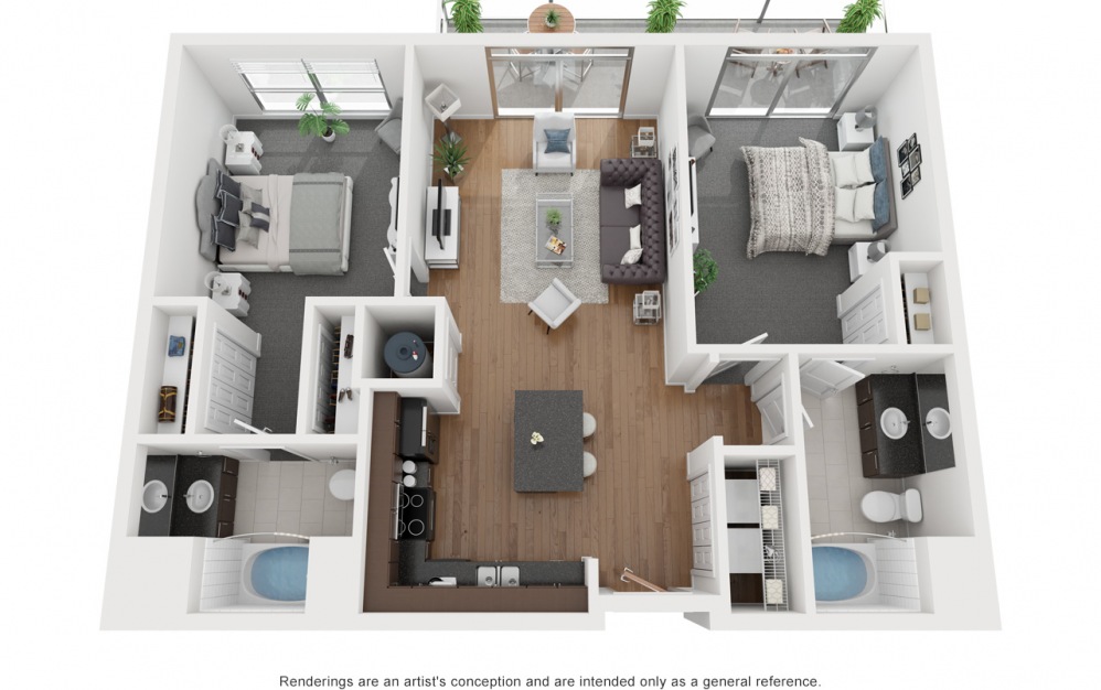 B4 - 2 bedroom floorplan layout with 2 baths and 1070 square feet.