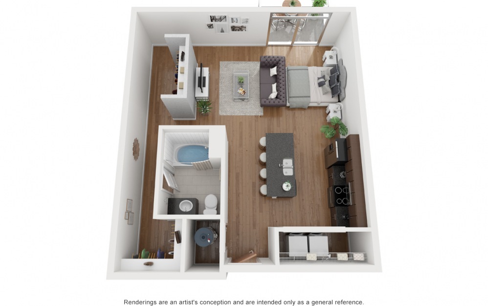 S1 - Studio floorplan layout with 1 bath and 737 square feet.