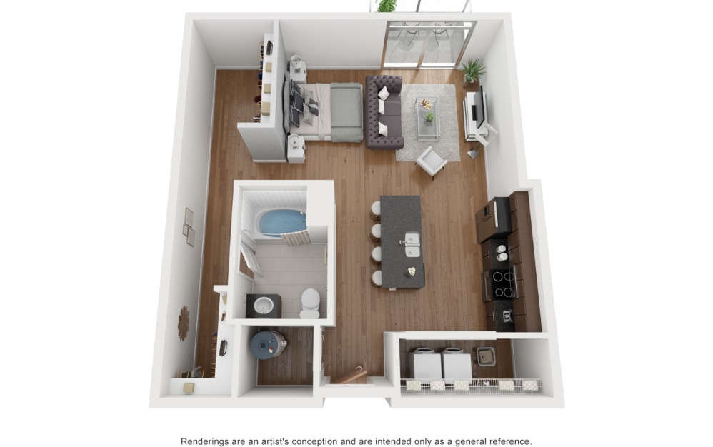 S2 - Studio floorplan layout with 1 bath and 749 square feet.