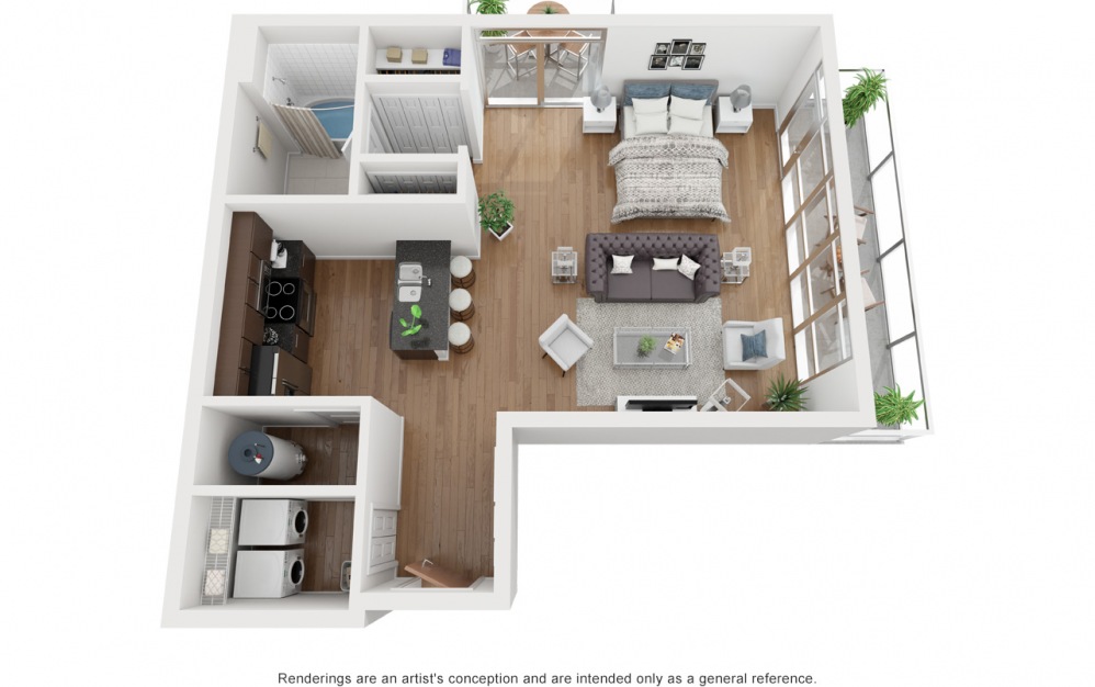 S3 - Studio floorplan layout with 1 bath and 726 square feet.