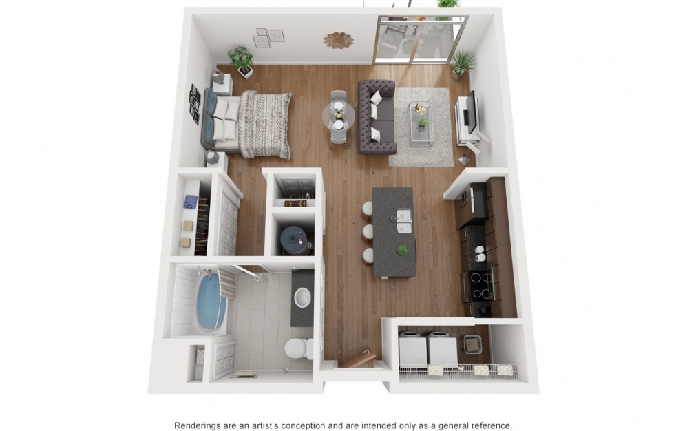 S4 - Studio floorplan layout with 1 bath and 737 square feet.